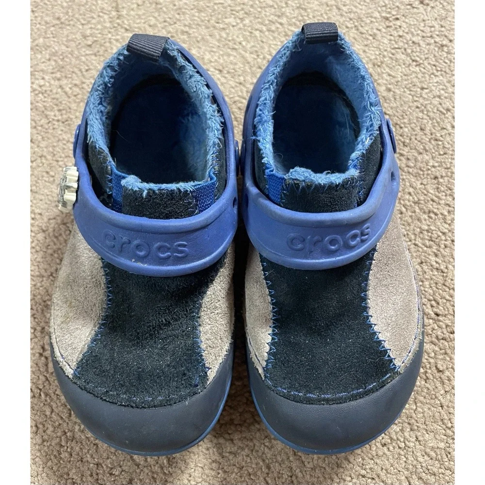 Crocs Suede Dawson Childrens‎ Clog Suede Faux Fur Lining Size 8 Blue Slip On